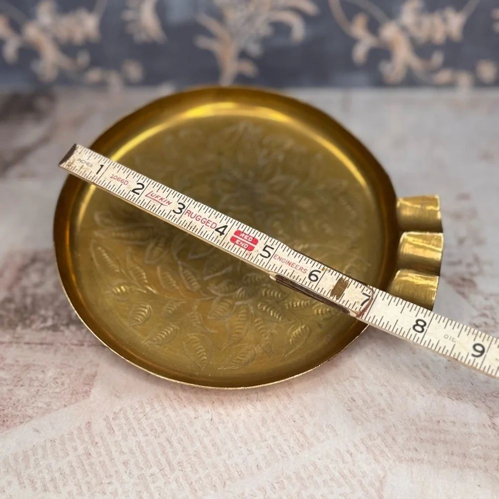 Vintage Brass Etched Floral Tray Small Catchall Dish Estate Find